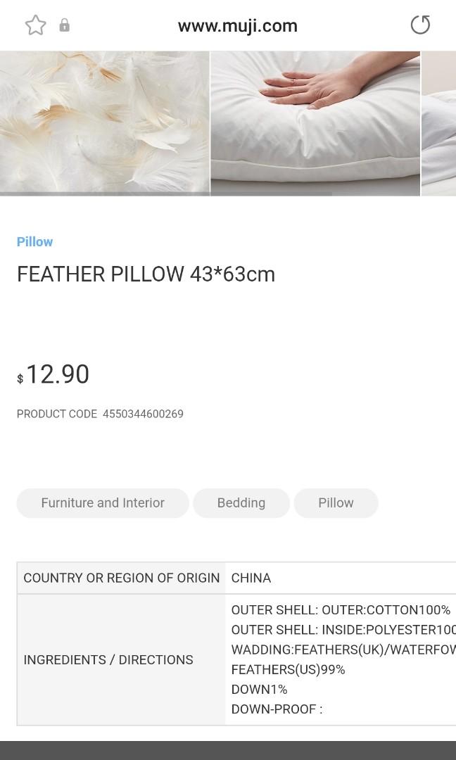 Muji Feather Pillow 43cm x 63cm Furniture Home Living Bedding Towels on Carousell