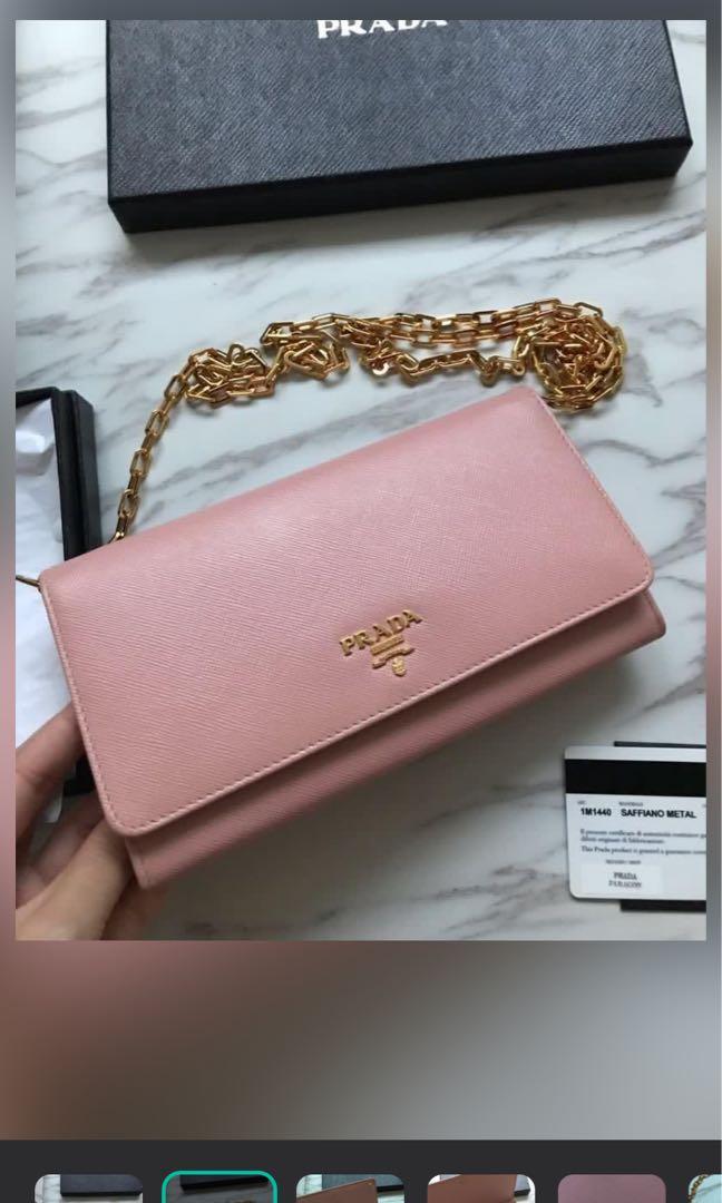 Prada WOC wallet In saffiano leather pink, Luxury, Bags & Wallets
