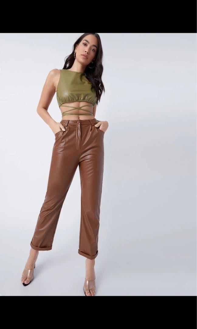 SHEIN brown leather pants, Women's Fashion, Bottoms, Other Bottoms on Carousell