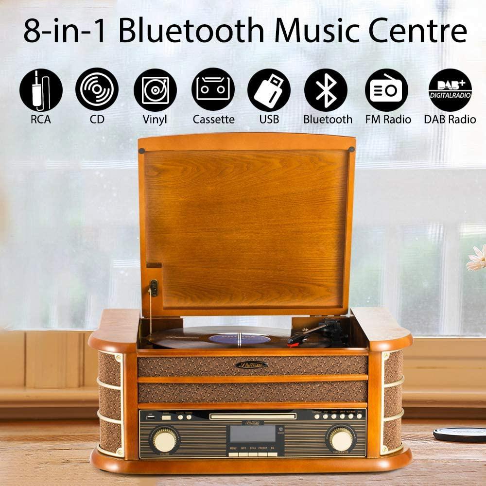 Moving Magnetic Cartridge Shuman Nostalgic Music Centre with Built-in 40 Watts RMS Stereo Speakers MC-254DBT CD Player Turntable USB Playback/Recording DAB Digital/FM Radio MMC Wooden Legs