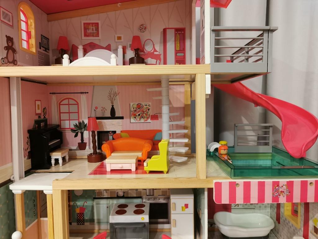 TOP BRIGHT Wooden Dollhouse with Elevator and Swimming Pool for