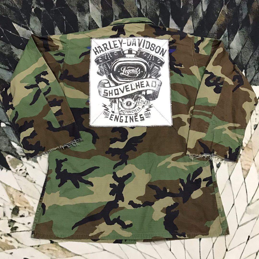 Vintage 90s Distressed US Army Harley Davidson Jacket Camo Camouflage Jeket
