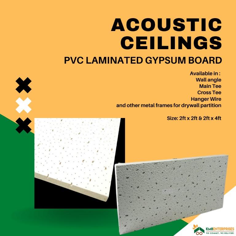 ACOUSTIC CEILING BOARD / PANEL (Category: Construction & Building Materials) located in Marikina City. Submitted by zelmndza (Listing ID 1135666120, Image 1). Description: CEILING PANEL *ACOUSTIC CEILING BOARD/PANEL * PVC LAMINATED GYPSUM BAORD 📌Sizes: 2ft x 2ft & 2ft x 4ft 📌Also available: Wall angle Main tee Cross tee Hanger wire and other metal frames for drywall partition 🚚WE SHIP NATIONWIDE 🚚SAME DAY DELIVERY W /IN METRO MANILA ✔️COP/COD