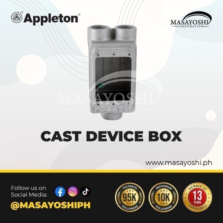 Appleton CAST DEVICE BOX - TYPE FSCC, 3/4" SHALLOW TYPE, (M.I.) | Model# FSCC175 | Device Box (Category: Construction & Building Materials) located in Mandaluyong City. Submitted by megan.deguzman (Listing ID 1135679569, Image 1). Description: Brand: Appleton Model# Model# FSCC175 UNILETS FSCC Shallow Depth 1-Gang Cast Device Box, Number Of Outlet: 3, Material: Malleable Iron, Size: 3/4 IN, Cable Entry: (3) 3/4 IN Hub, Cubic Capacity: 25 CU-IN, K