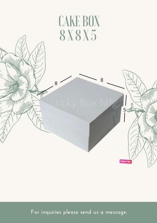 CAKE BOX 25 SETS | PLAIN | NO WINDOW (Category: Storage Boxes & Baskets) located in Quezon City. Submitted by kat.sy (Listing ID 1135644719, Image 1). Description: Lucky Box Mfg. Plain White No Window Sold by 25s High-grade box used 8x8x5 -P289 9x9x3 -P319 9x9x5 -P349 10x10x4 -P329 10x10x5 -P379 10x14x4 -P429 10x14x5 -P469 12x12x14 -P409 12x12x5 -P449 12x16x4 -P499 14x14x5 -P649 Also Available: Cake box 8x8x5, 9x9x3, 9x9x5, 10x10x4, 10x10x5, 10x1