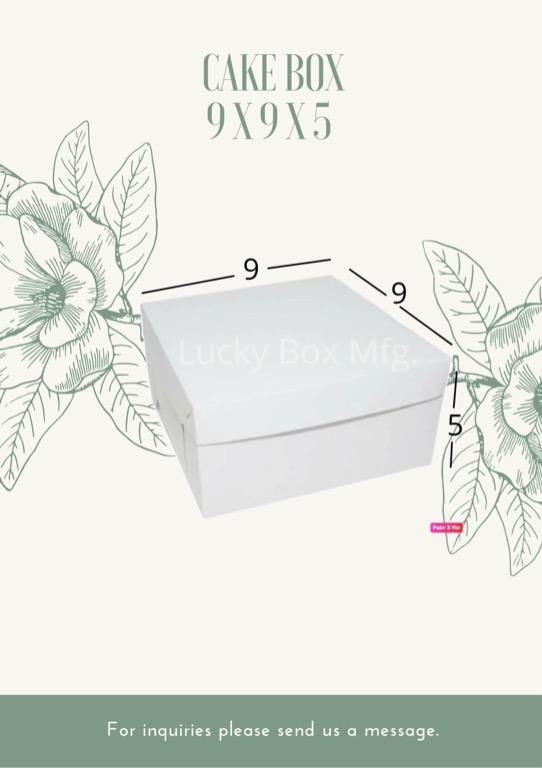 CAKE BOX 25 SETS | PLAIN | NO WINDOW (Category: Storage Boxes & Baskets) located in Quezon City. Submitted by kat.sy (Listing ID 1135644719, Image 3). Description: Lucky Box Mfg. Plain White No Window Sold by 25s High-grade box used 8x8x5 -P289 9x9x3 -P319 9x9x5 -P349 10x10x4 -P329 10x10x5 -P379 10x14x4 -P429 10x14x5 -P469 12x12x14 -P409 12x12x5 -P449 12x16x4 -P499 14x14x5 -P649 Also Available: Cake box 8x8x5, 9x9x3, 9x9x5, 10x10x4, 10x10x5, 10x1