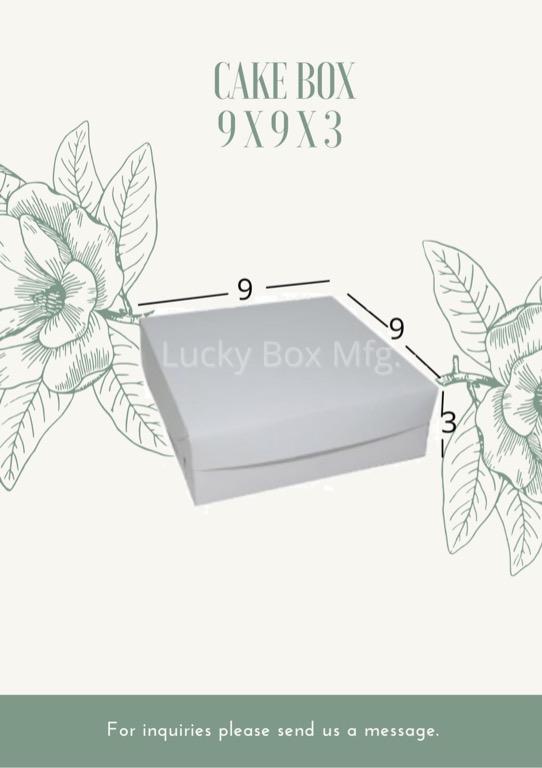 CAKE BOX 25 SETS | PLAIN | NO WINDOW (Category: Storage Boxes & Baskets) located in Quezon City. Submitted by kat.sy (Listing ID 1135644719, Image 2). Description: Lucky Box Mfg. Plain White No Window Sold by 25s High-grade box used 8x8x5 -P289 9x9x3 -P319 9x9x5 -P349 10x10x4 -P329 10x10x5 -P379 10x14x4 -P429 10x14x5 -P469 12x12x14 -P409 12x12x5 -P449 12x16x4 -P499 14x14x5 -P649 Also Available: Cake box 8x8x5, 9x9x3, 9x9x5, 10x10x4, 10x10x5, 10x1