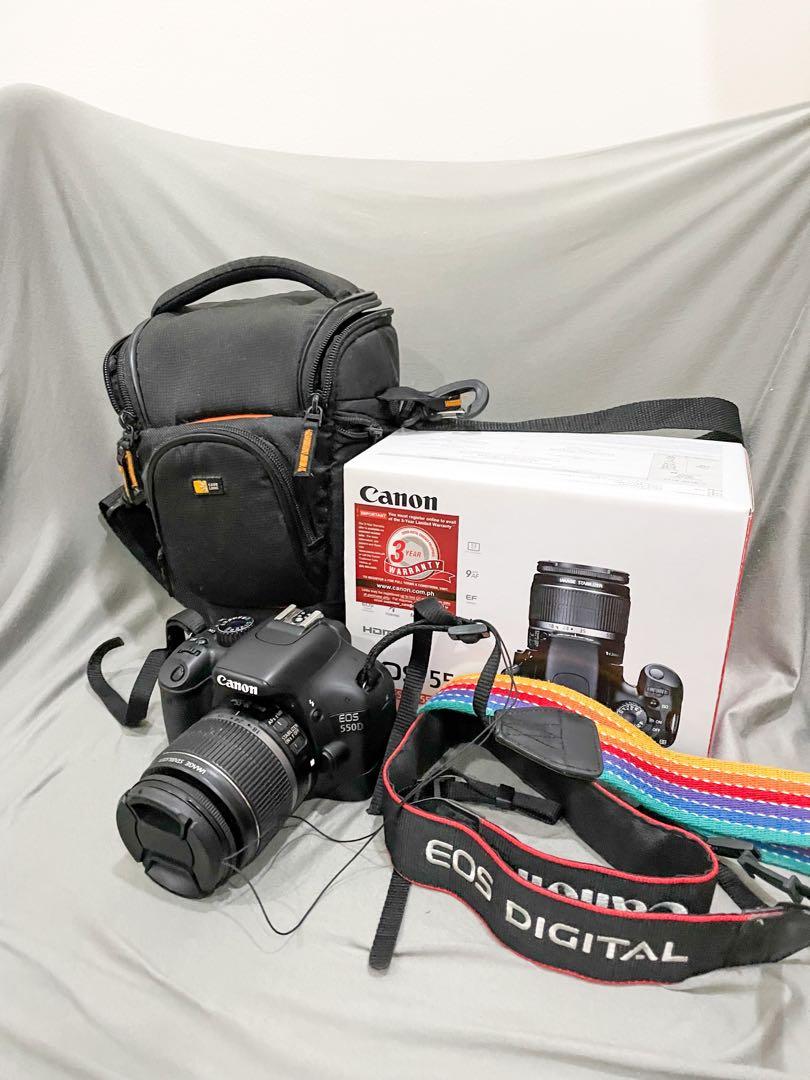 Canon 550D - With shock proof bag & box (Category: Cameras) located in Pasig City. Submitted by kutleyn (Listing ID 1135690246, Image 1). Description: Not used much, just stored. Comes with shockproof bag, a rainbow strap, its original box. Lens cap replaced (no longer the original). Lens has a mark but does not affect its photo quality. Lens still original one that came with the camera.