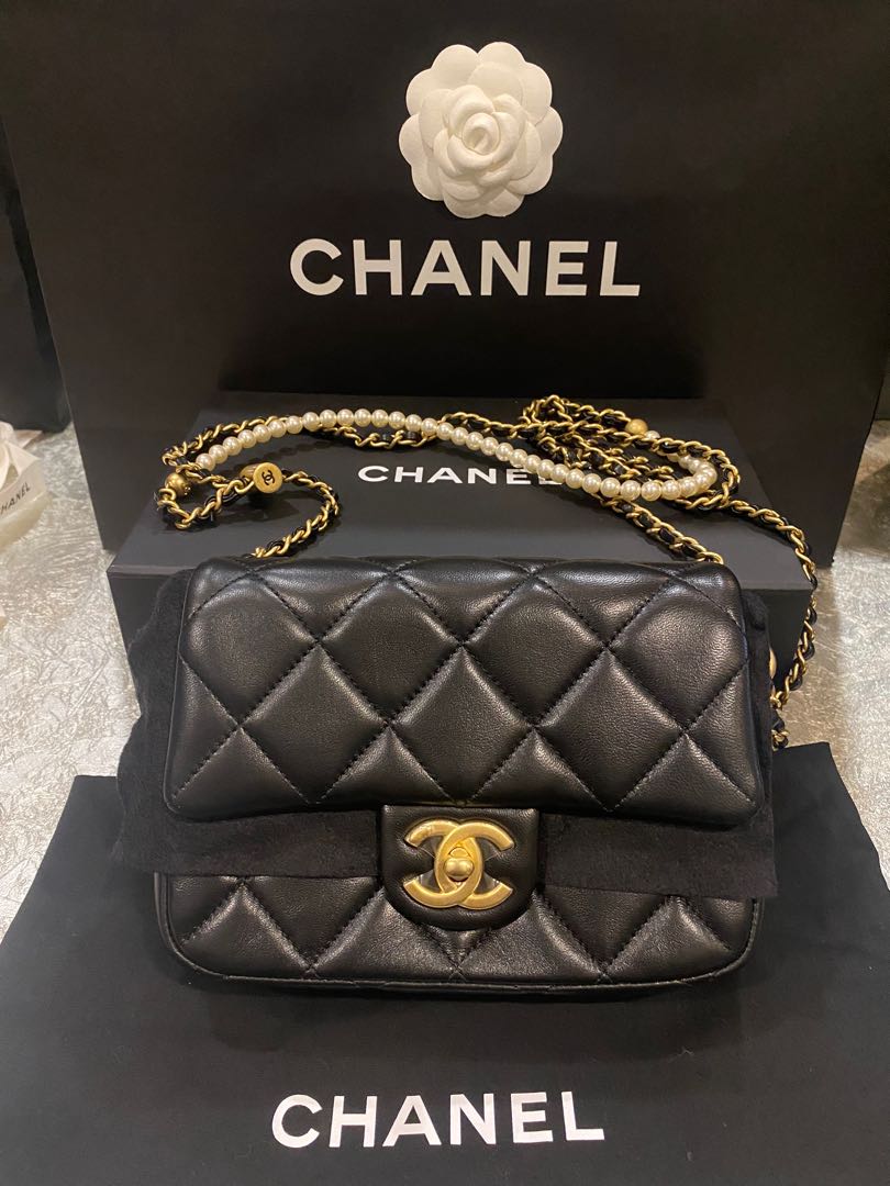 CHANEL 21K Mini Square Pearl Strap Flap Bag Ghw, Luxury, Bags & Wallets on  Carousell