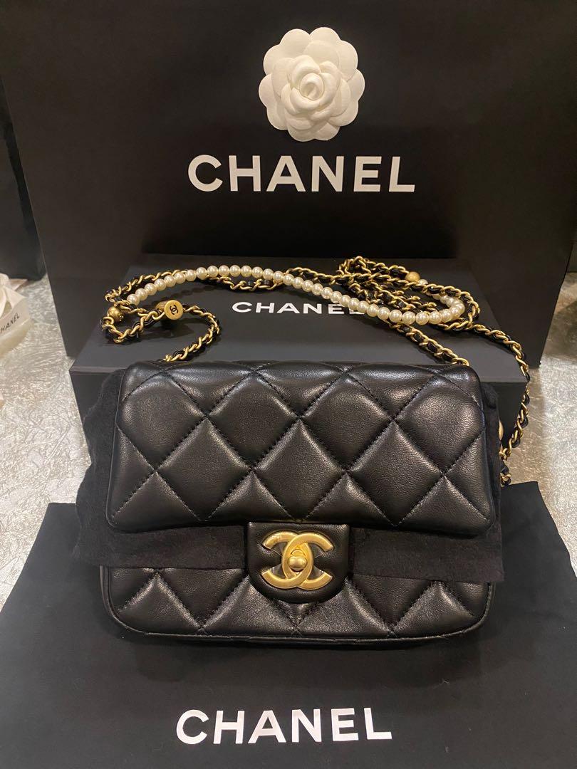 Chanel 21K Perfect Mini Flap Bag In Black Lambskin With Pearl