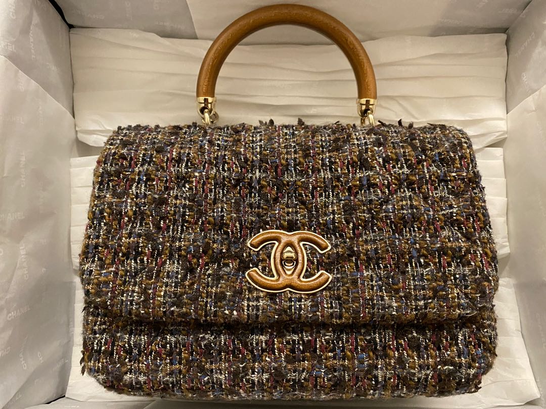 Chanel Tweed Bag with Wooden Handle and CC Logo, Luxury, Bags