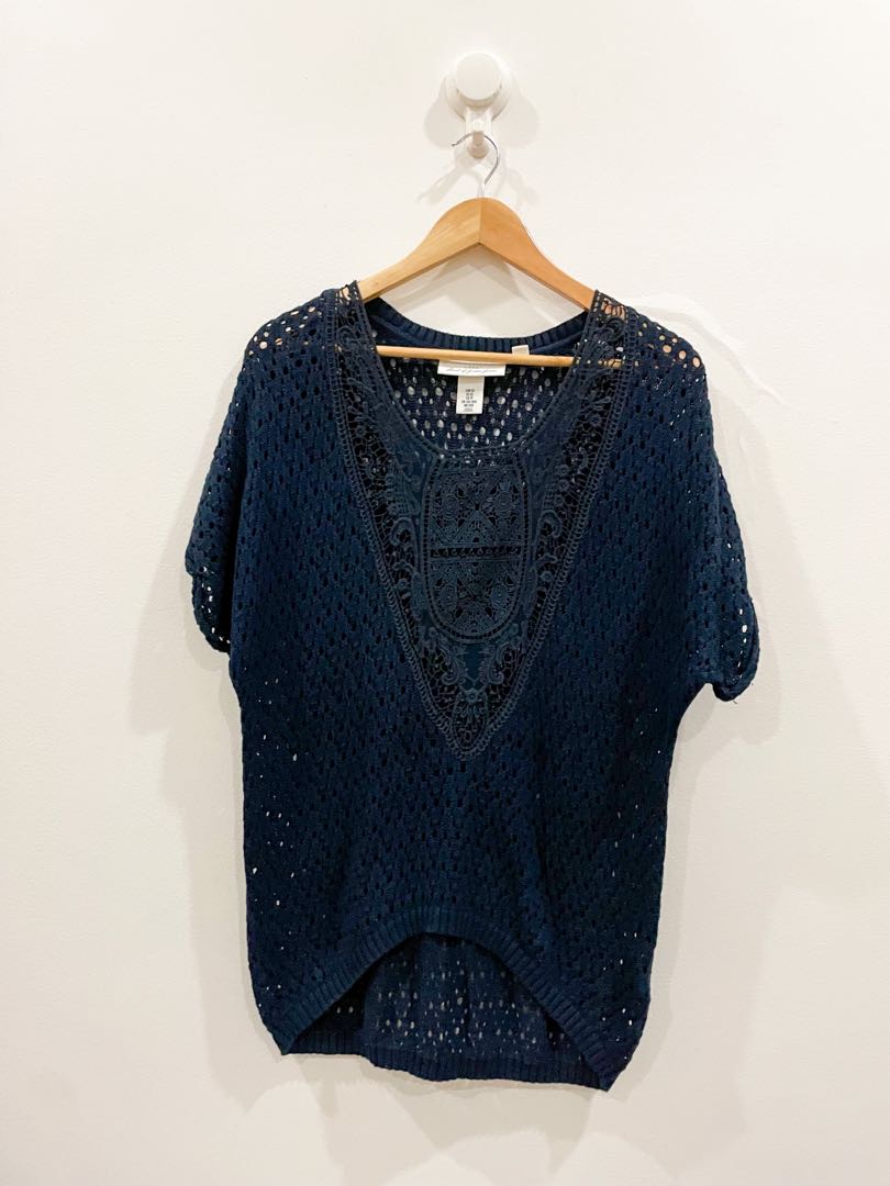 Navy Crochet Top, Women's Fashion, Tops, Blouses on Carousell