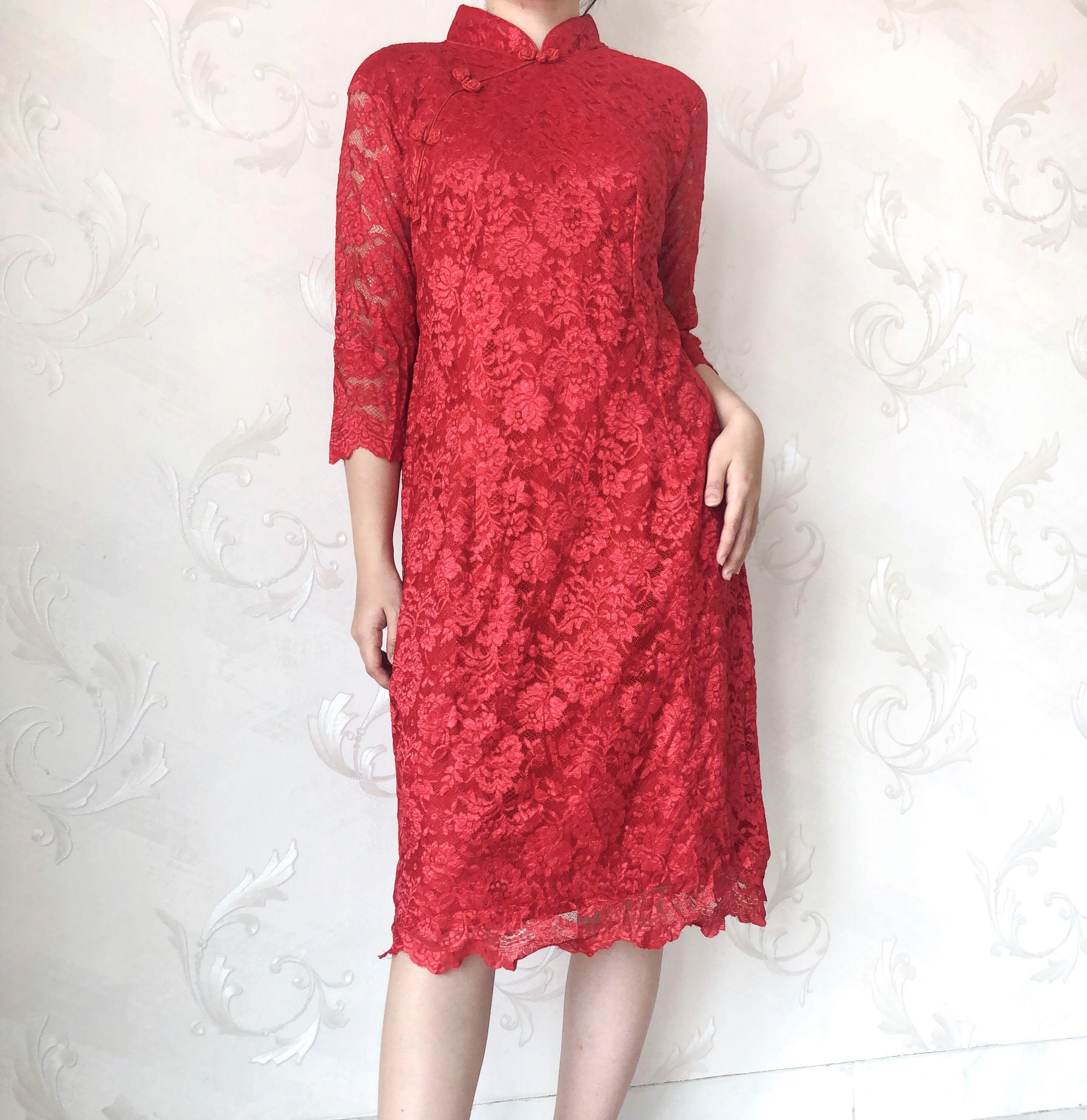 RED CHEONGSAM TUNIC DRESS LACE BAJU 