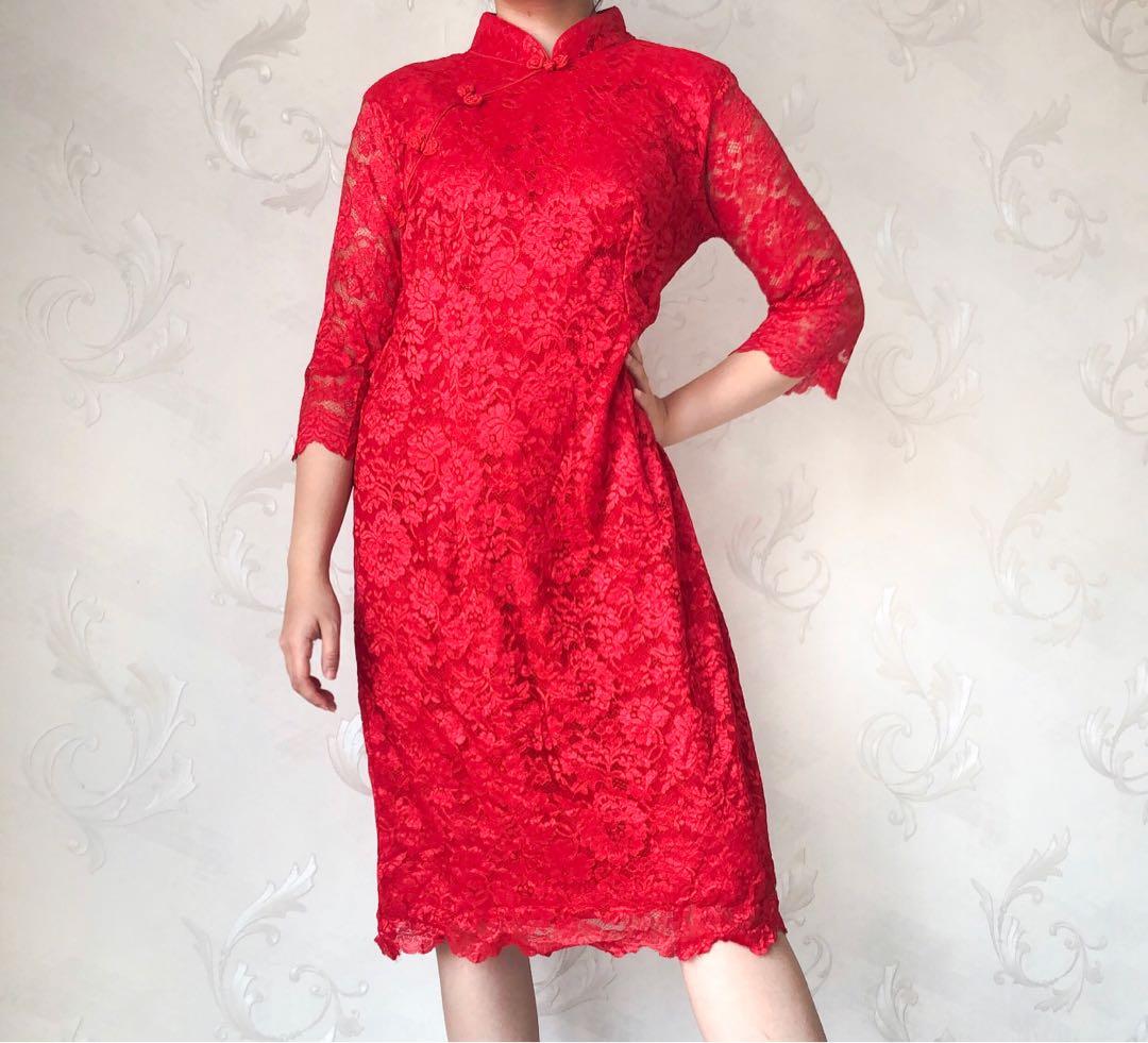 RED CHEONGSAM TUNIC DRESS LACE BAJU 