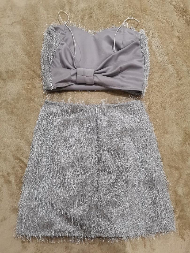 Silver Grey Faux Fur Furry Fringe Top Ribbon Back and Mini Skirt