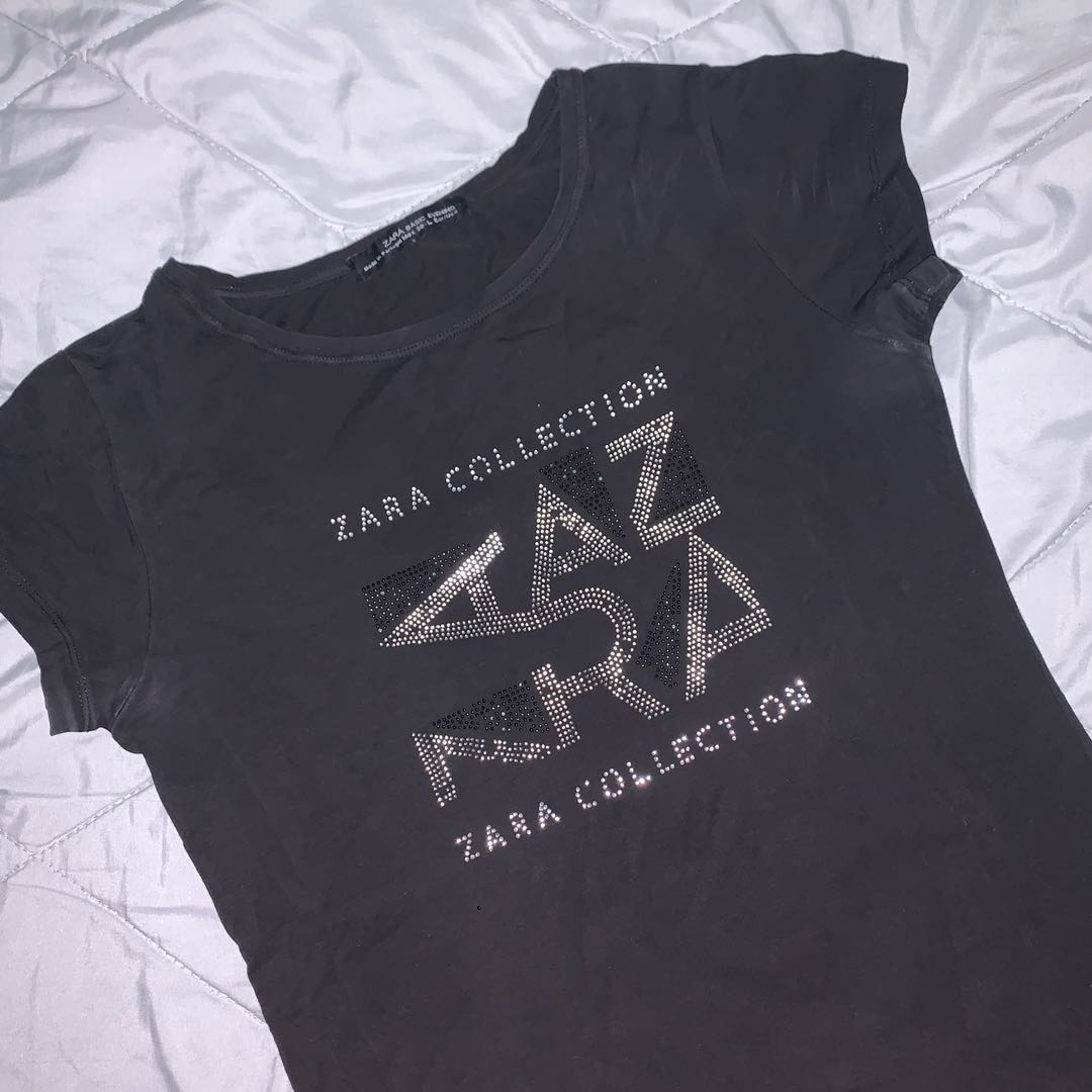Y2K Zara Black Beaded T-shirt, Fesyen 