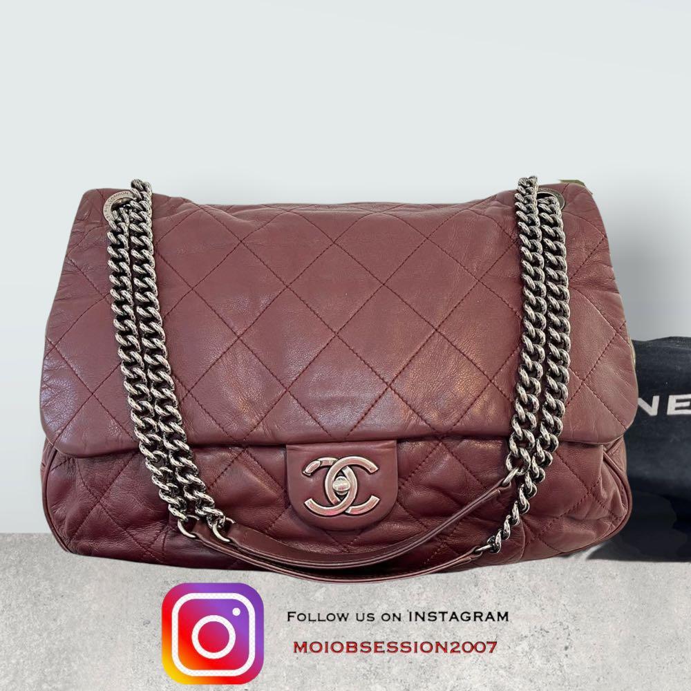 CHANEL BURGUNDY FLAP COCO (Category: Luxury Bags & Wallets) located in Cagayan de Oro. Submitted by moiobsession (Listing ID 1135858936, Image 1). Description: This Chanel Coco Pleats Flap Bag Quilted Calfskin, crafted in burgundy quilted calfskin leather, features dual chain link strap with leather pads, frontal flap, and aged-silver hardware. Its CC turn lock closure opens to a gray fabric interior divided into two open compartment with zip and