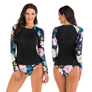 [Ladymiss] Women Sunscreen Long Sleeve Print Tankini Beach Surfing Suit Swimwear