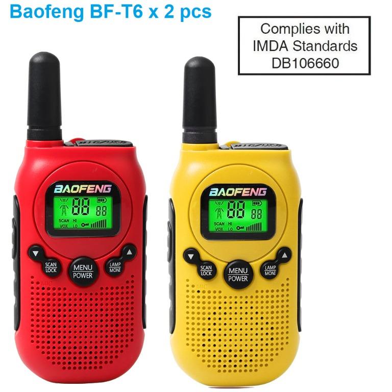 Mix and match Singapore ready stock, IMDA approved, license free PMR446  Baofeng BF-T6 kids radio walkie talkie 446.0-446.1MHz with removable  battery, belt clip, flash light, channels, Mobile Phones  Gadgets,  Walkie-Talkie