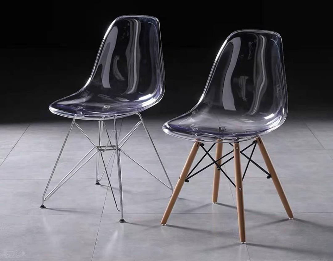 Transparent chair shop with wooden legs