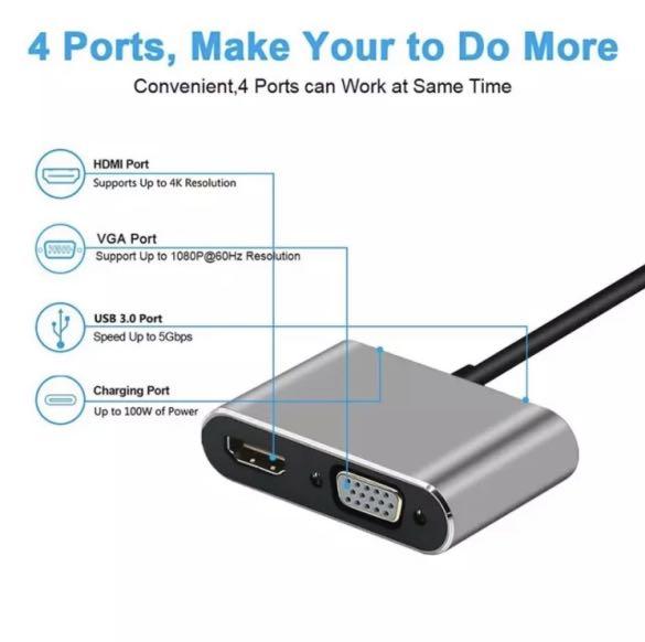 USB C to 4K HDMI VGA Adapter CLDAY 4-in-1 Hub USB 3.0 OTG Charging Power PD  Port Compatible for MacBook Pro/Dell XPS/Samsung Galaxy 