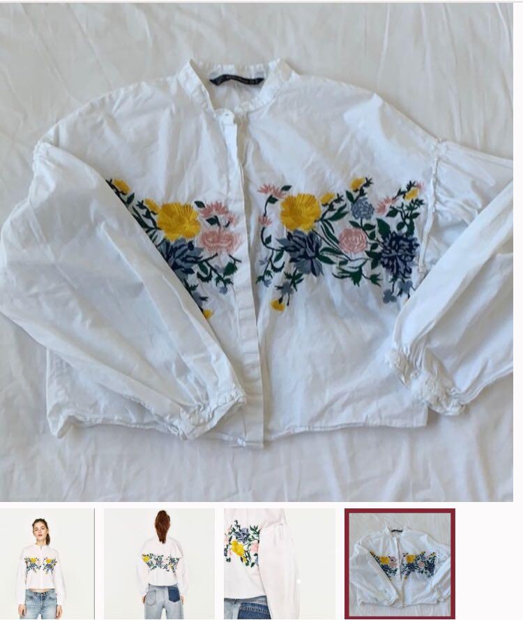Zara White Floral Embroidered Blouse, Women's Fashion, Tops, Blouses on