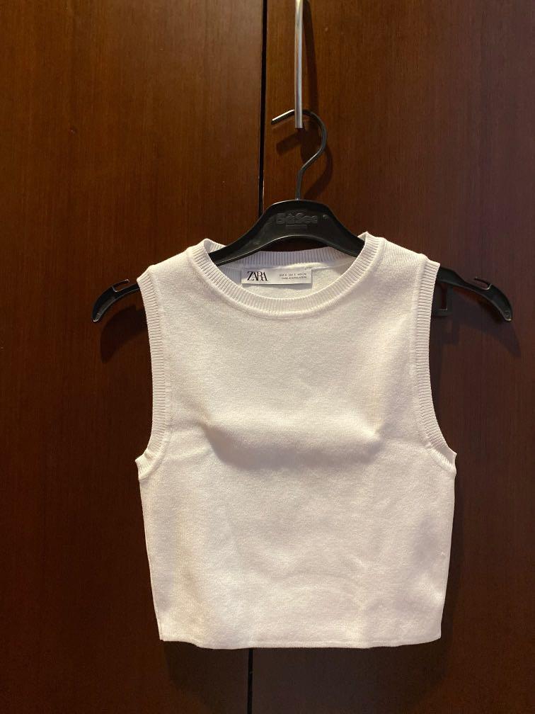 Zara White Knit Crop Top, Fesyen Wanita 