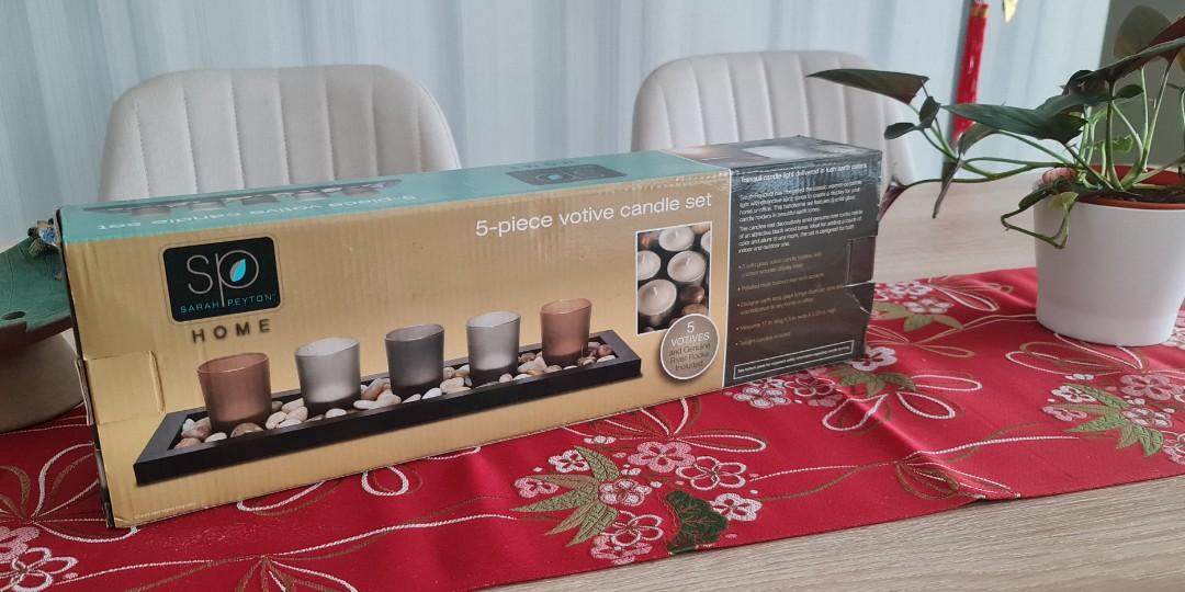 5 Piece designer earth tone candle glass set with custom wooden display