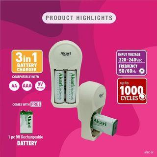 Akari 3 in 1 Rechargeable Battery Charger with free 9V Rechargeable Battery (ARBC 9V)