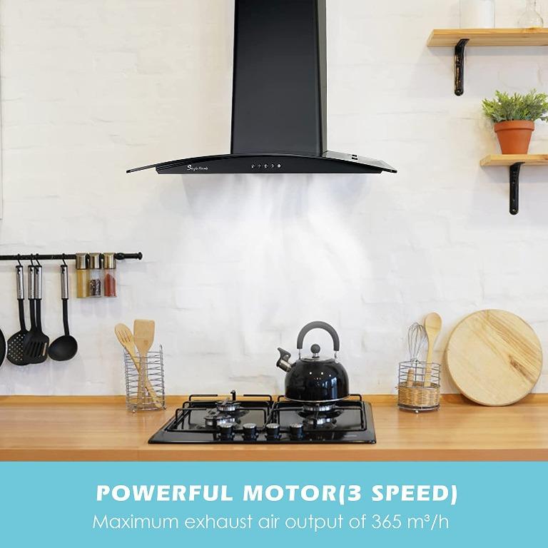 Cooker Hood, 60cm Extractor Hood with Plug WallMounted Curved Glass