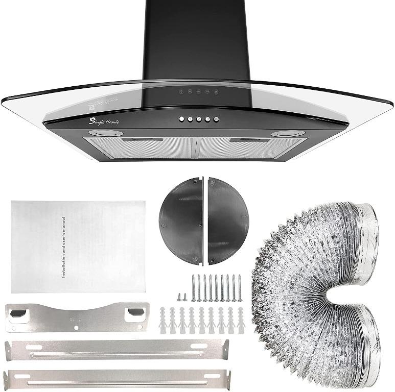Cooker Hood, 60cm Extractor Hood with Plug WallMounted Curved Glass