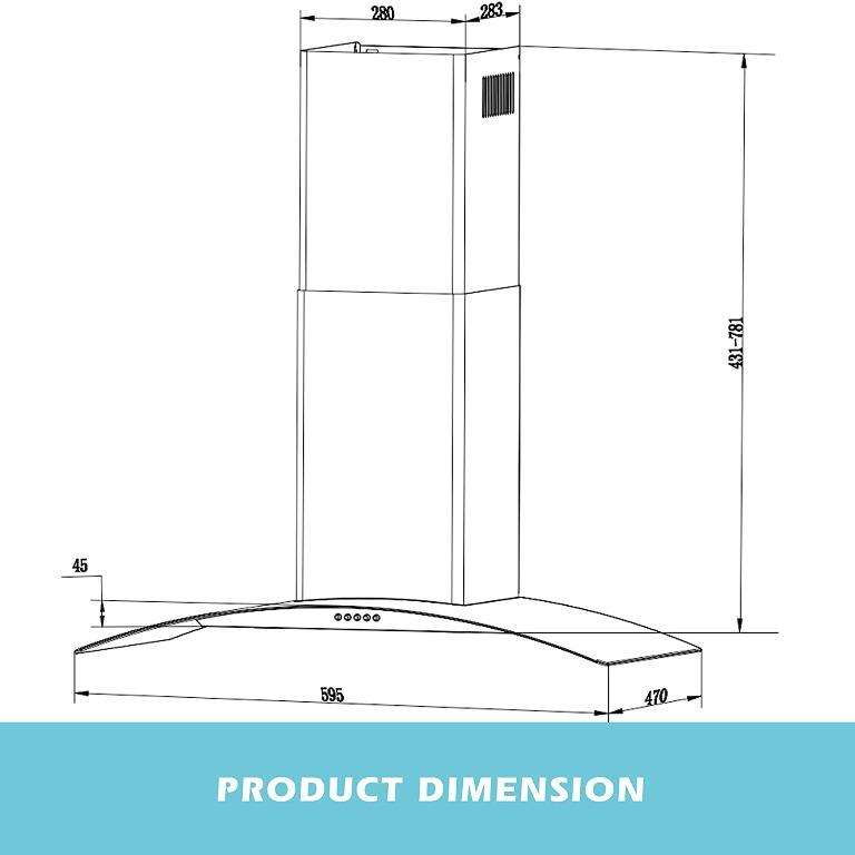 Cooker Hood, 60cm Extractor Hood with Plug WallMounted Curved Glass