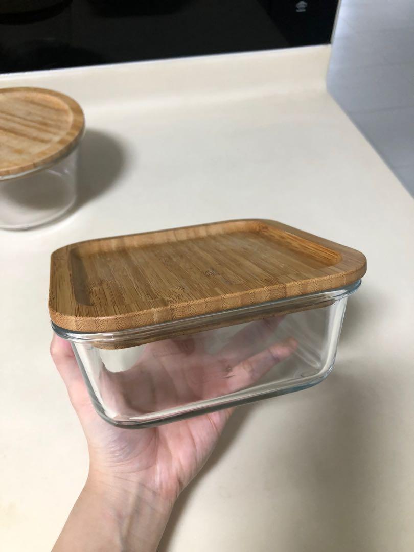 Ikea glass container with wood lid 16cm 600ml, Furniture & Home Living