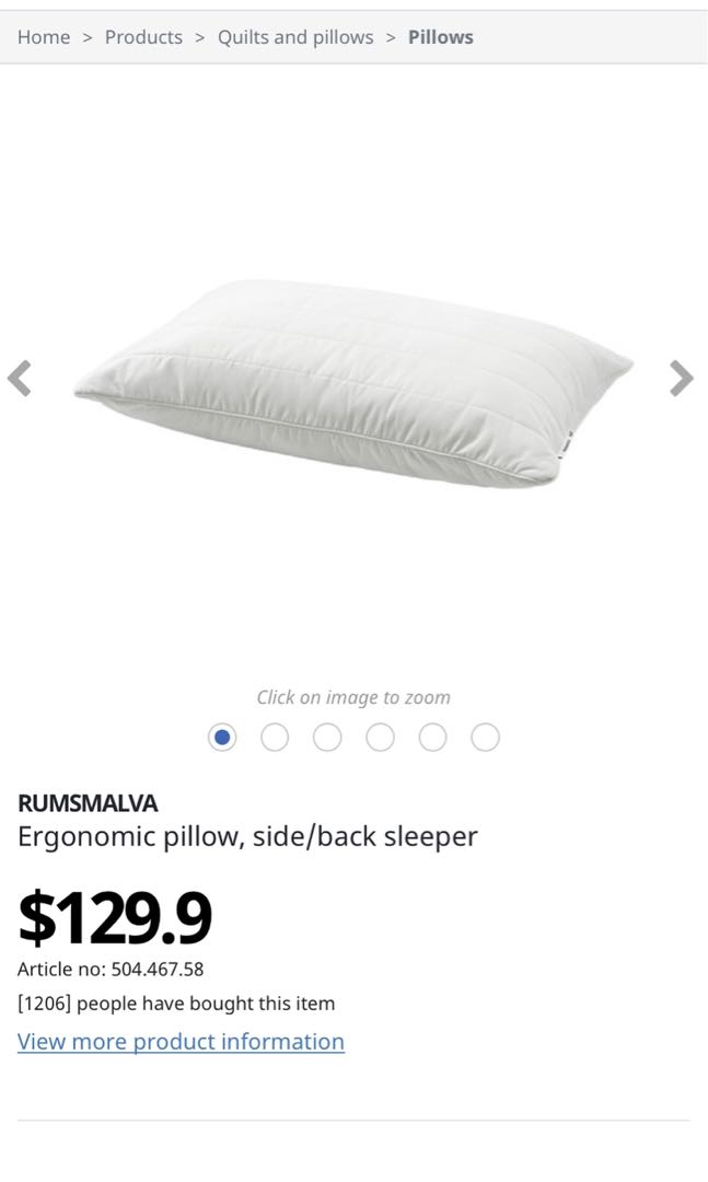 IKEA RUMSMALVA Ergonomic pillow (side/back sleeper), 傢俬＆家居, 床具浴巾 Carousell