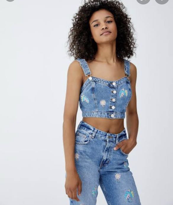 Pull and bear denim jumper crop top 