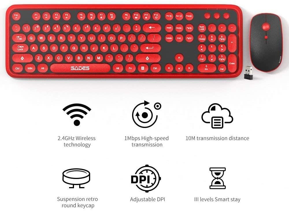 Sades V2020 Wireless Keyboard and Mouse Combo,Cute Wireless Keyboard with Round Retro Style Red
