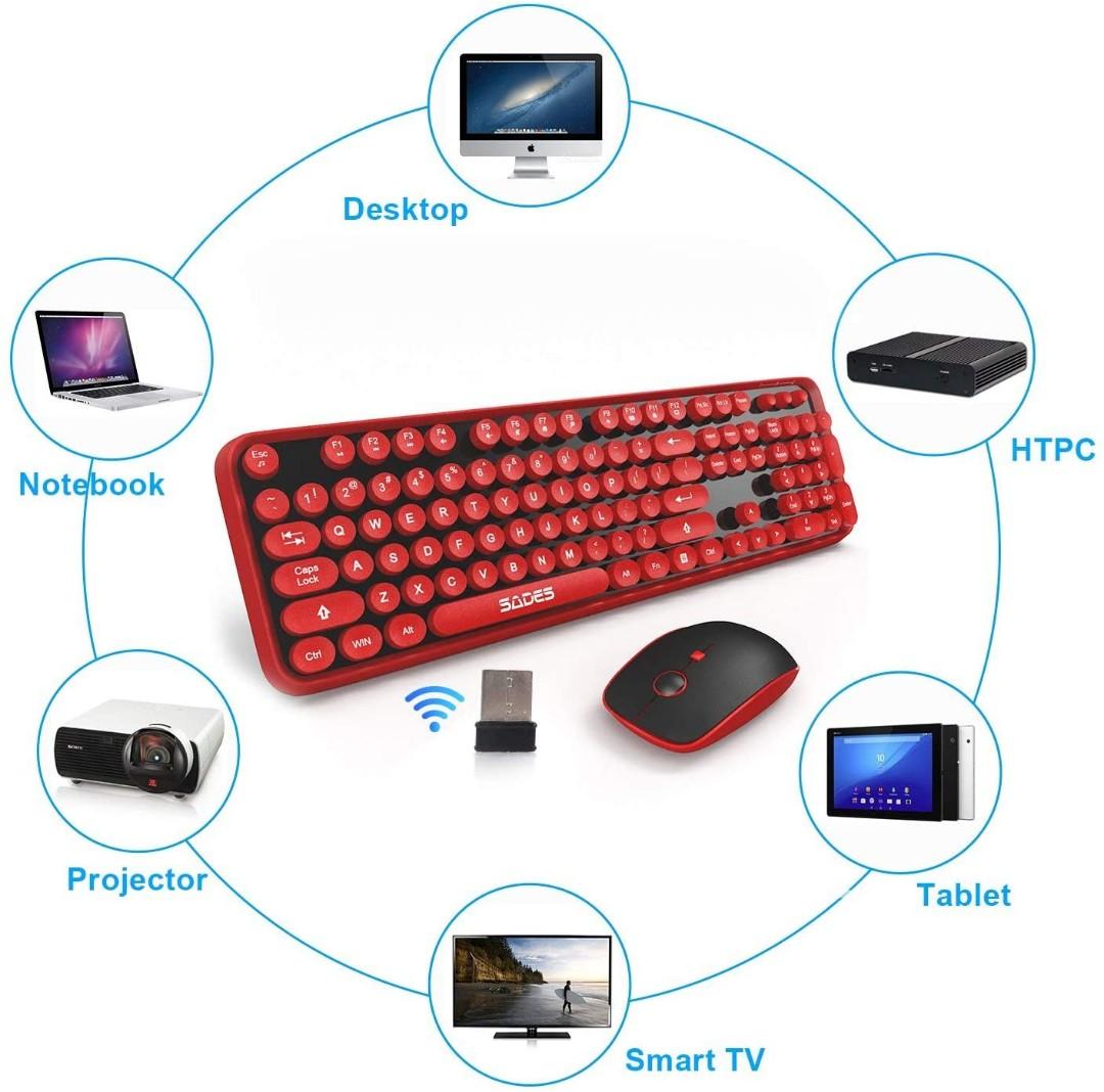 Sades V2020 Wireless Keyboard and Mouse Combo,Cute Wireless Keyboard with Round Retro Style Red