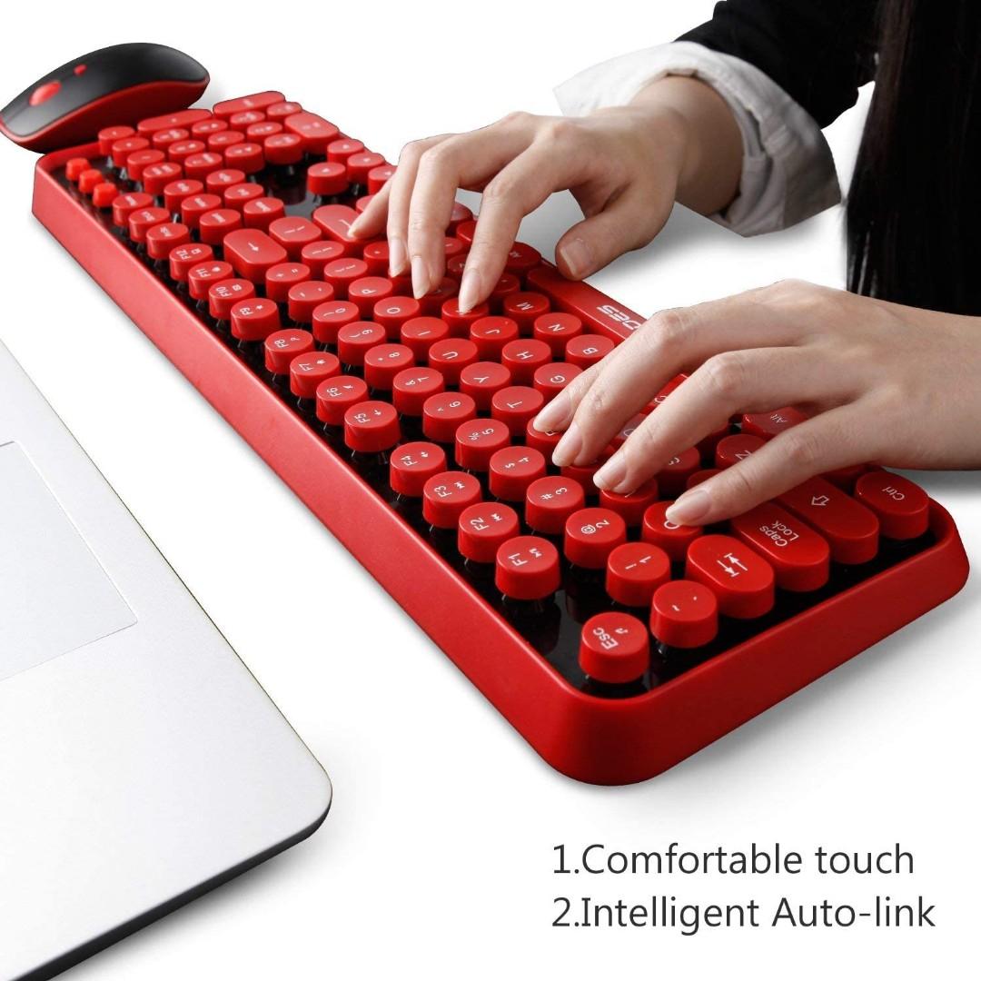 Sades V2020 Wireless Keyboard and Mouse Combo,Cute Wireless Keyboard with Round Retro Style Red