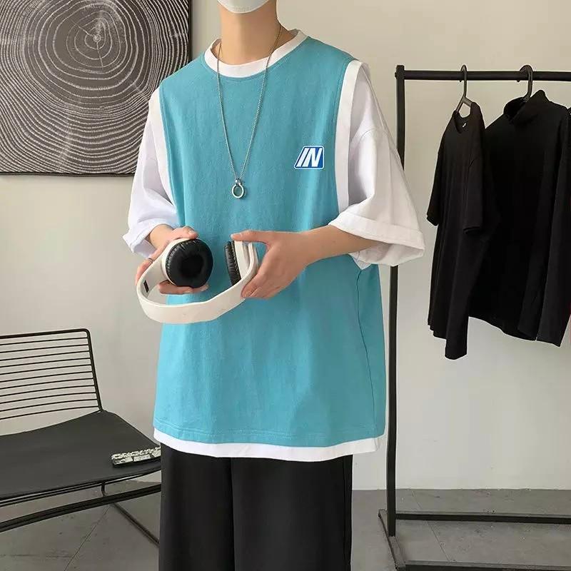Summer Fake Two-Piece T-Shirt Printed Short-Sleeved Men Hong Kong Style  Loose All-Match Top Korean Hip-Hop Sportsman Streetwear
