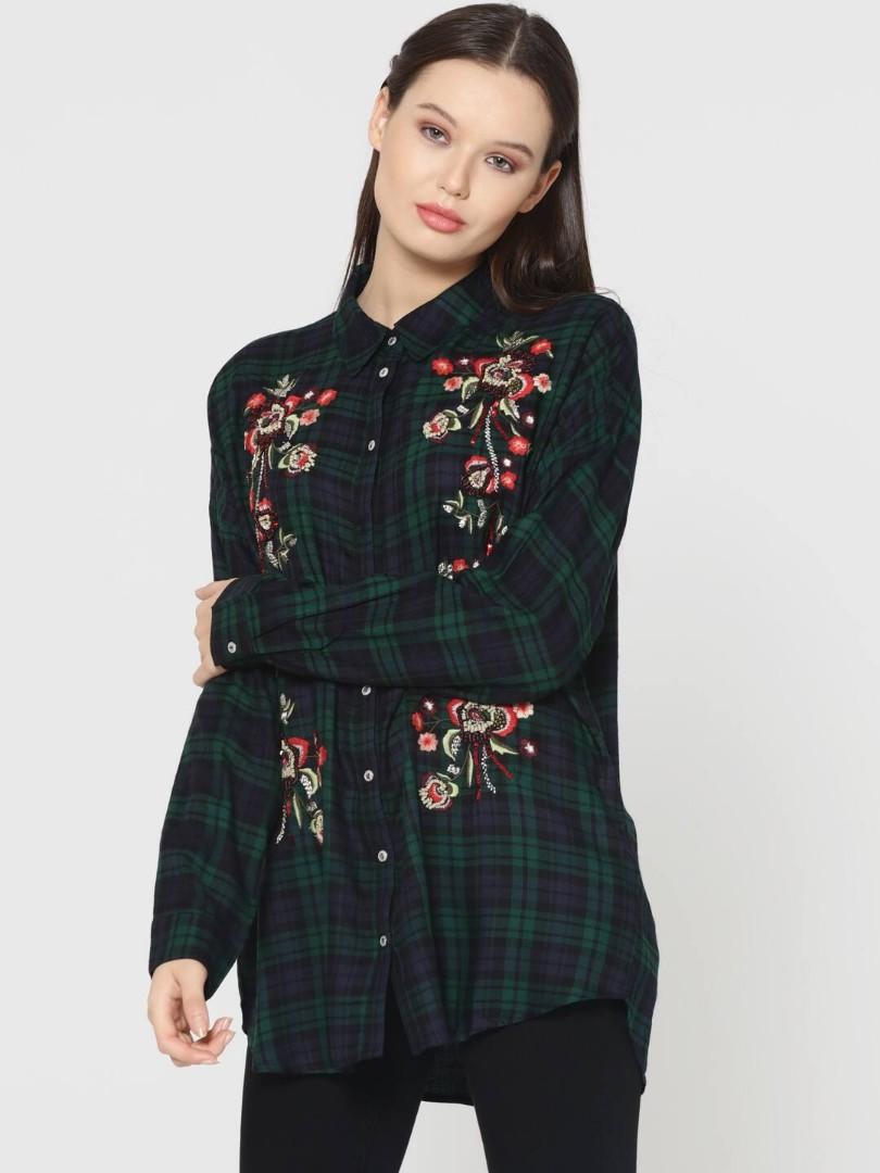 ZARA Embroidered Flannel shirt, Fesyen 