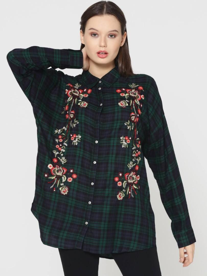 ZARA Embroidered Flannel shirt, Fesyen 