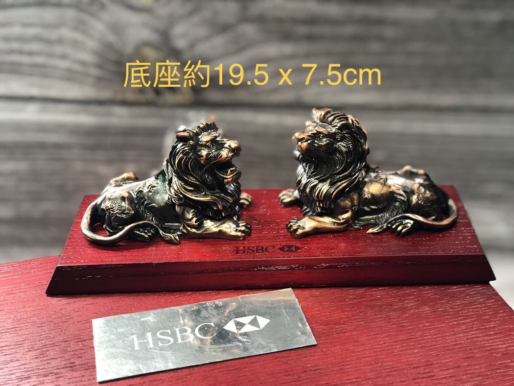 罕有滙豐銀行舊版銅獅子擺設原装精美木盒版HSBC Metal Lion Set