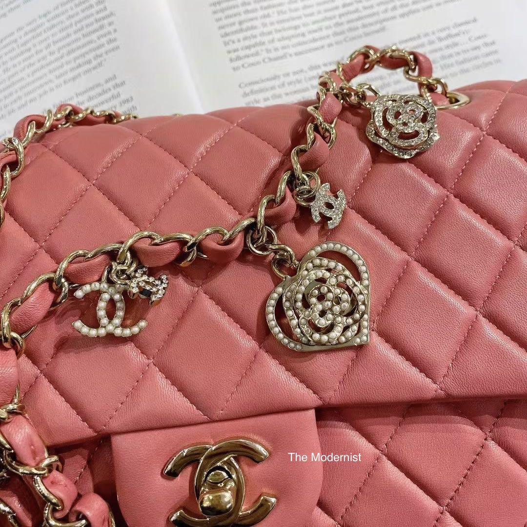 Authentic Chanel Valentine Pink Medium Flap Bag with Charms