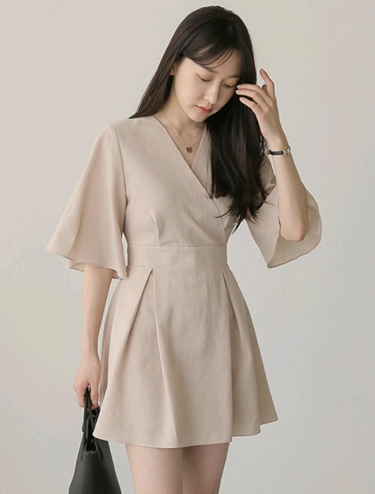 Beige v neck best sale dress