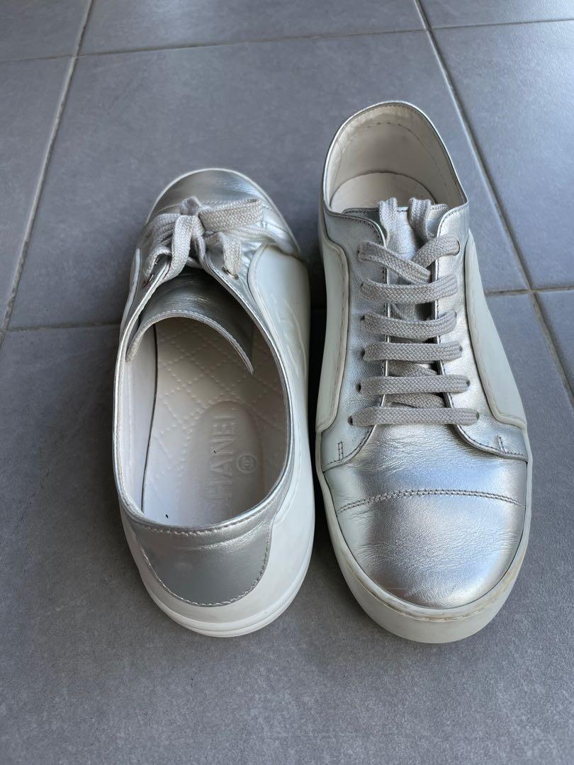 Chanel Shoes Sneakers, Silver and White, Size 40.5, New in Box WA001