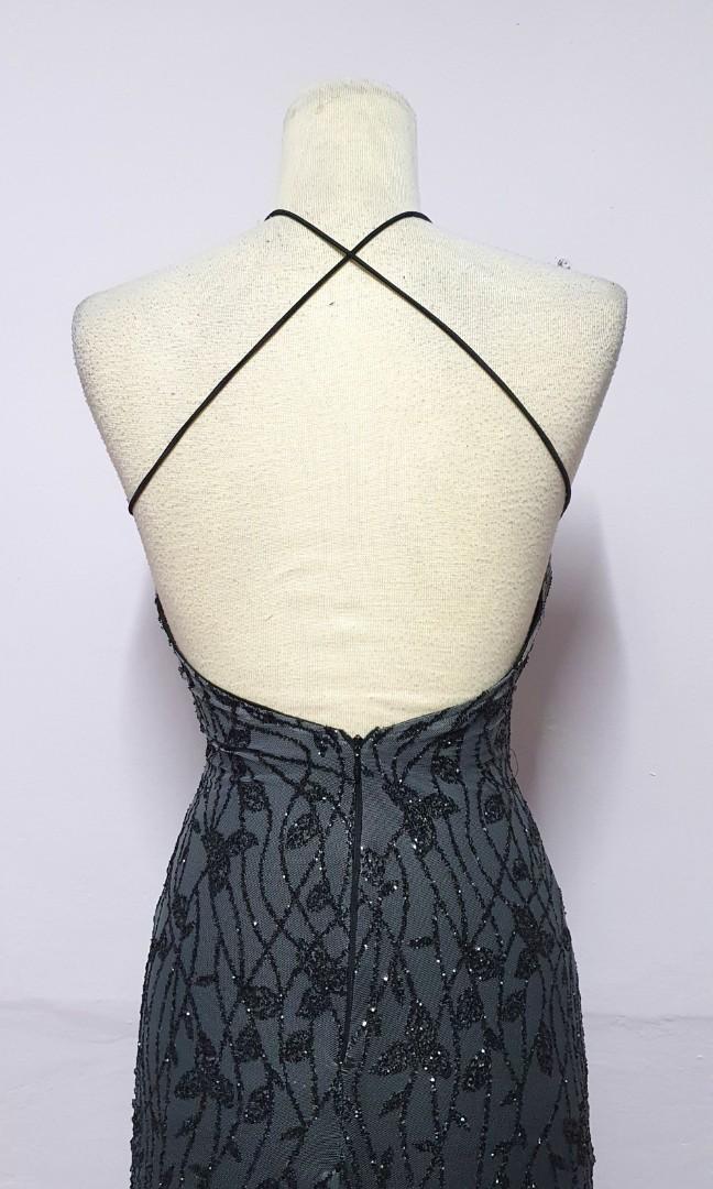Dark Grey Black Ombre Leaf Veins Sequin Halter Sexy Back Dress Gown with  Slit, Women's Fashion, Dresses & Sets, Traditional & Ethnic wear on  Carousell