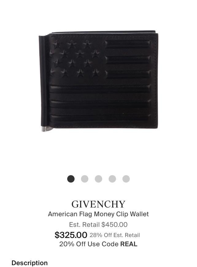 Givenchy card holder money clip (Category: Luxury Bags & Wallets) located in Cavite. Submitted by rraaa32 (Listing ID 1136404554, Image 2). Description: Givenchy American flag money clip card holder Swipe for SRP Pristine+ condition, Php 11.5konly! Inclusion : cardholder, dustbag, box , card.