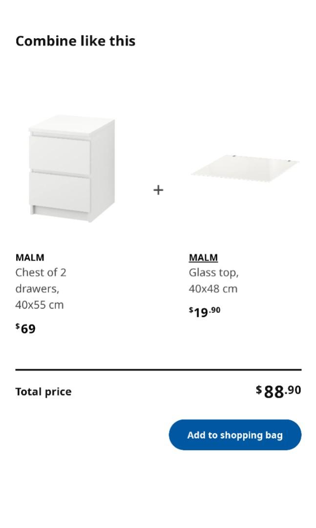 IKEA MALM side table with drawers and glass top, Furniture & Home