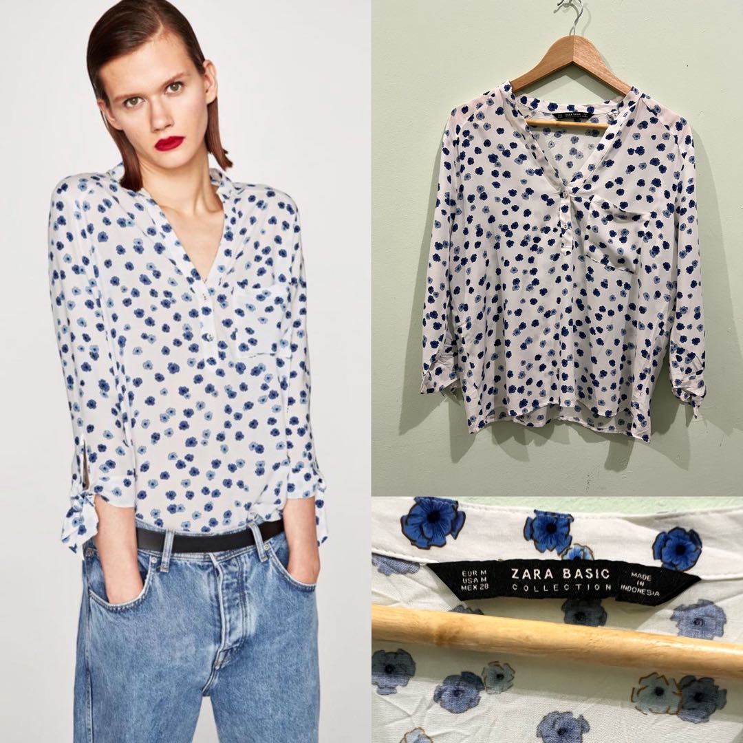 Original Zara Blue Floral Print Top, Women's Fashion, Tops, Blouses on