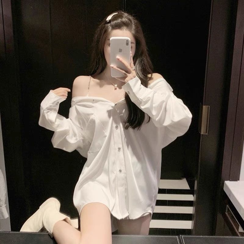 oversized off shoulder white top, Women's Fashion, Tops, Longsleeves on ...
